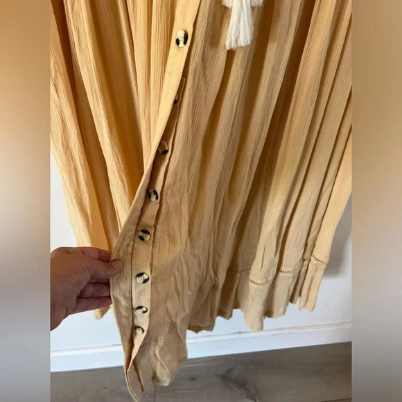 Free People Bali Will Wait For You Yellow Embroidered Gauzy Midi Dress Sz Medium - Picture 9 of 13